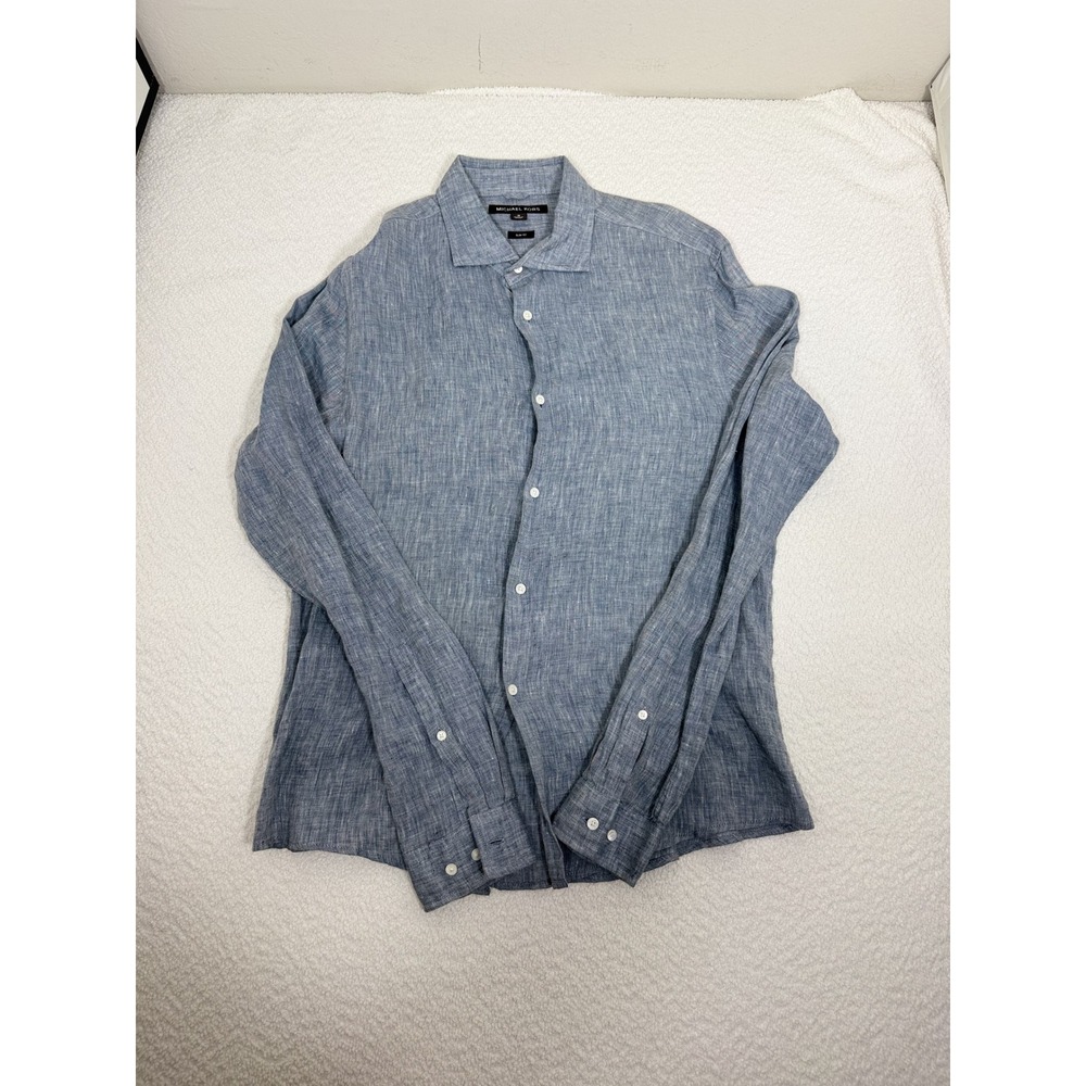 Michael Kors Mens Slim Fit Linen Button Down Shirt Blue Long Sleeve Size M